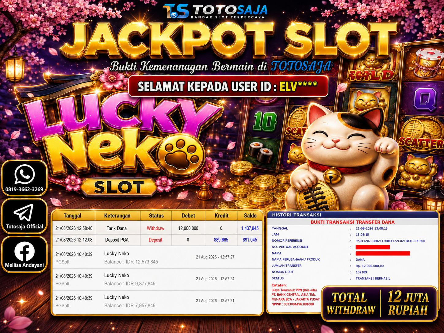 TOTOSAJA JACKPOT SLOT ONLINE Lucky Neko Rp.12.000.000,- LUNAS