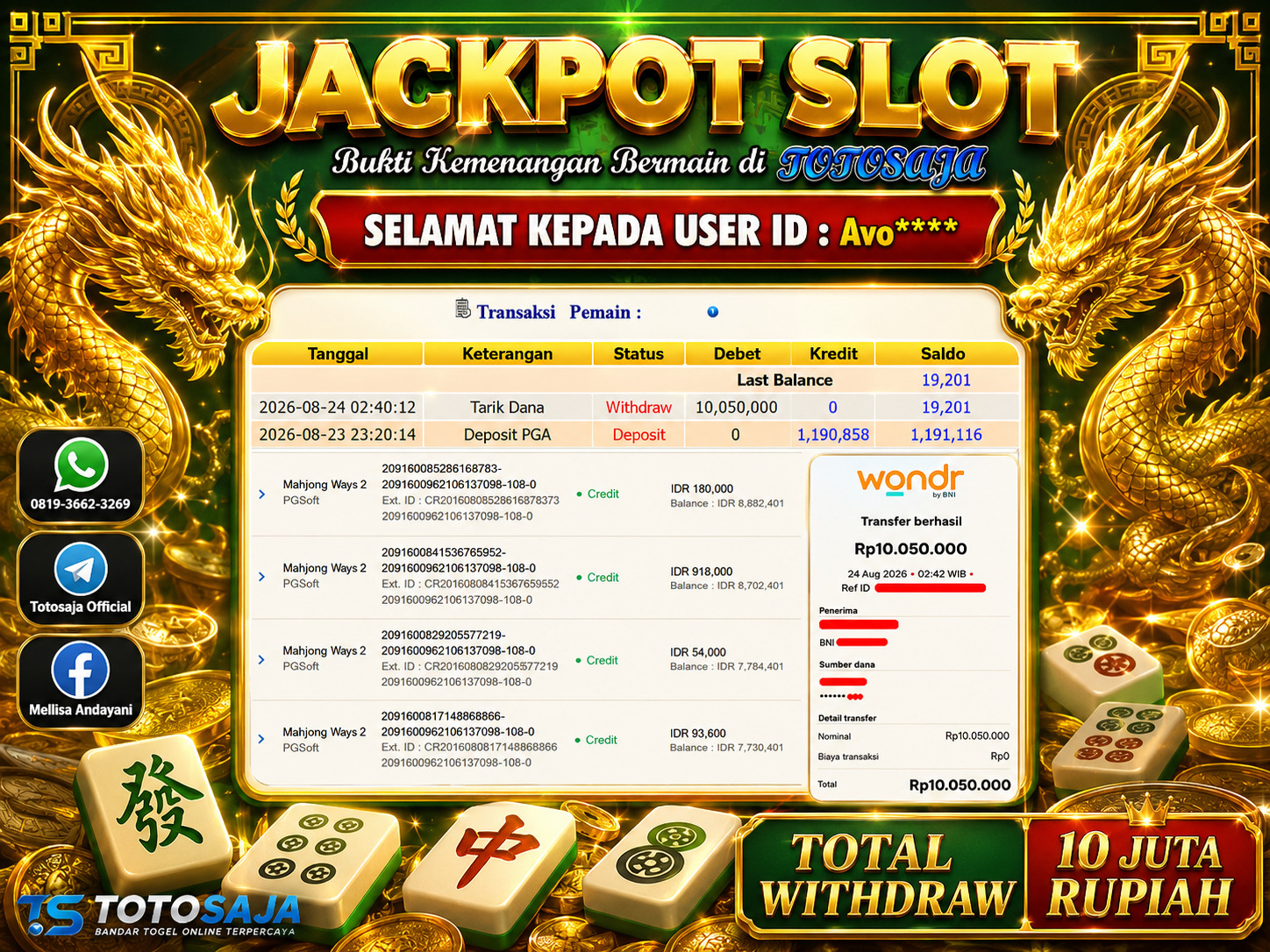 TOTOSAJA JACKPOT SLOT ONLINE MAHJONG WAYS 2 Rp.10,050.000,- LUNAS