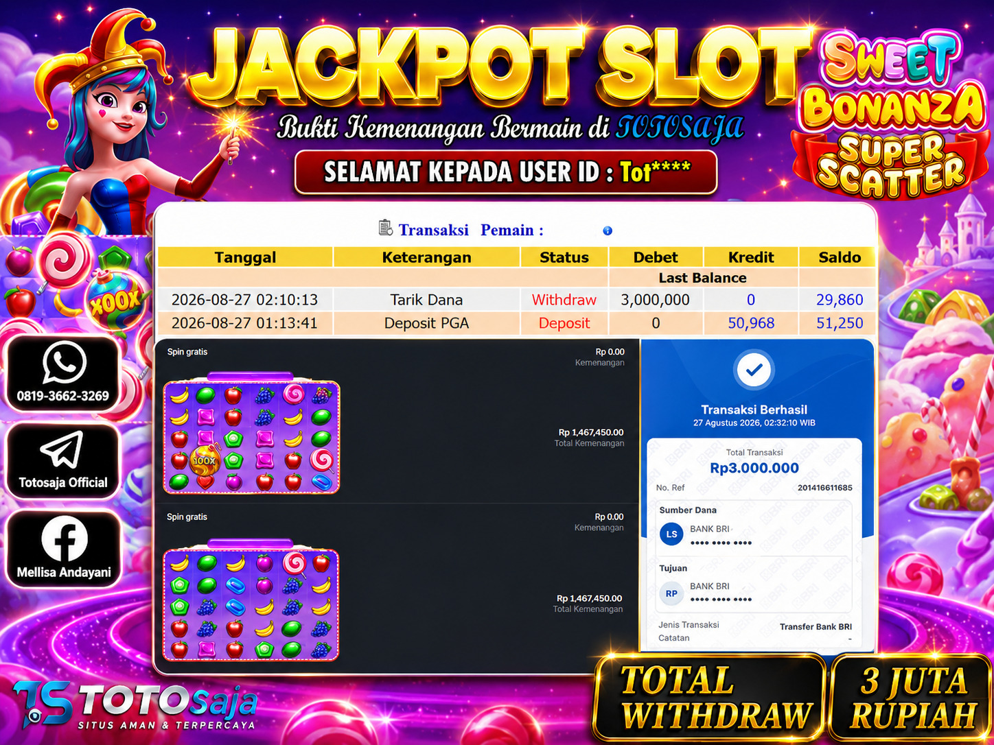 TOTOSAJA JACKPOT SLOT ONLINE SWEET BONANZA 2500 Rp.3.000.000,- LUNAS