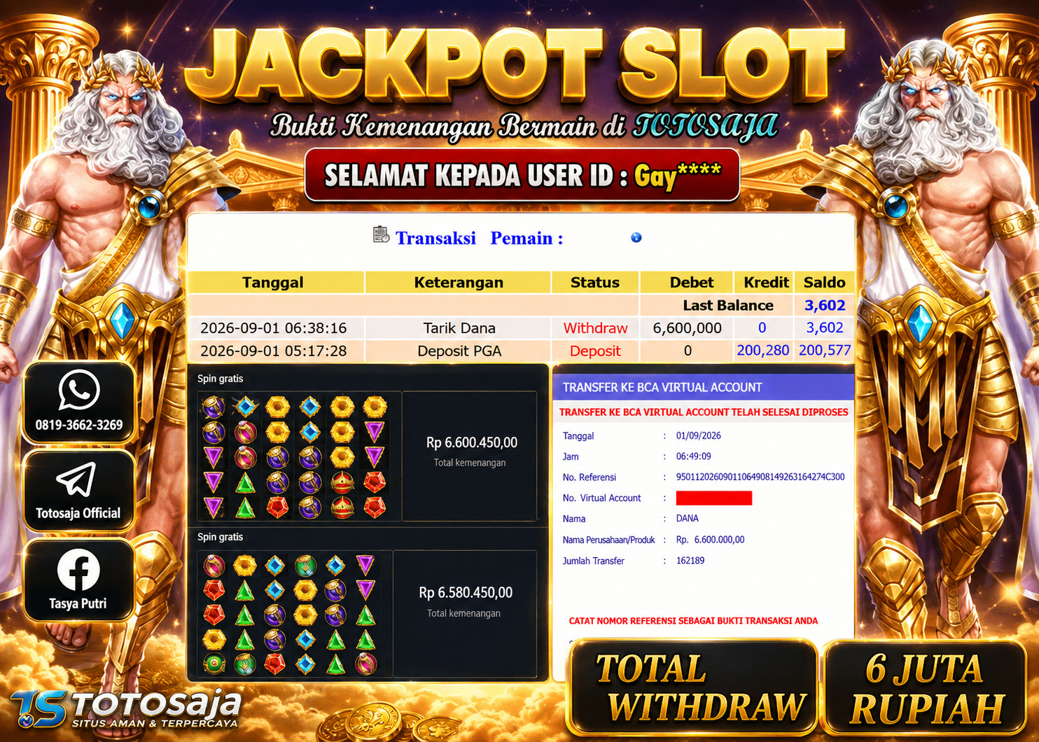 TOTOSAJA JACKPOT SLOT ONLINE GATES OF OLYMPUS Rp.6.600.000,- LUNAS